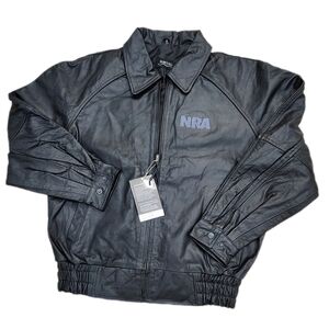 LEATHER Burkes Bay BLACK NRA BOMBER JACKET, MENS MEDIUM